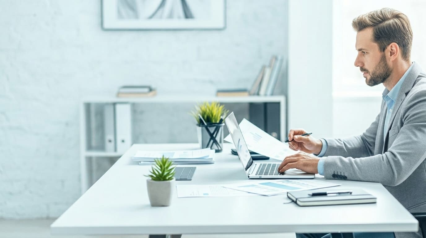 Professional reviewing documents at a desk while working on a laptop